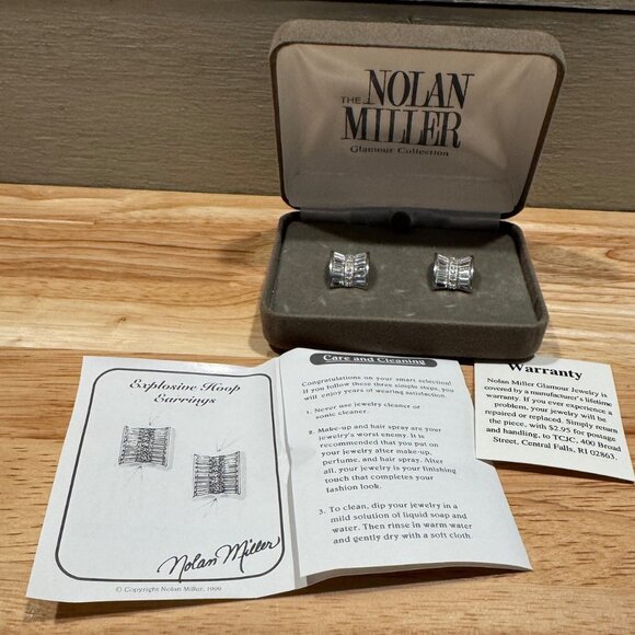 Vtg Nolan Miller Earrings Explosive Hoop Baguette Clear Rhinestone Box Pierced - Picture 6 of 9